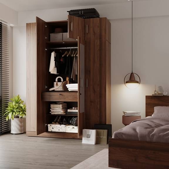 Wakefit Gingham 4 Door Wardrobe in Matte Finish with Drawer, Mirror, Loft and Hanging Space (Columbia Walnut)